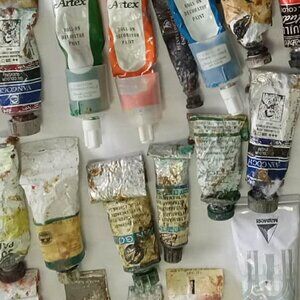 Titanium white oil paint tube, almost new, and large batch of opened tubes